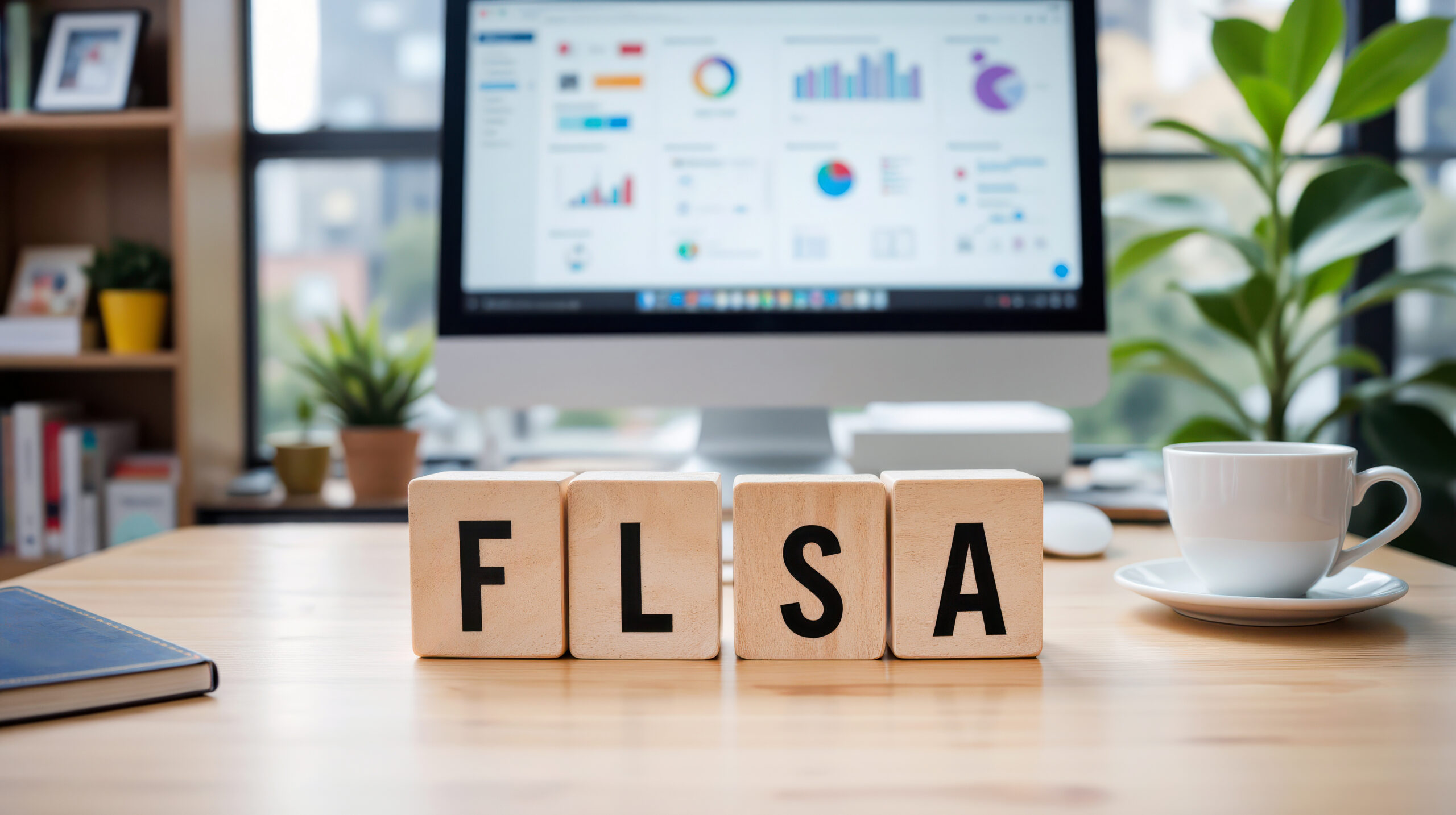FLSA wood blocks with computer in the background